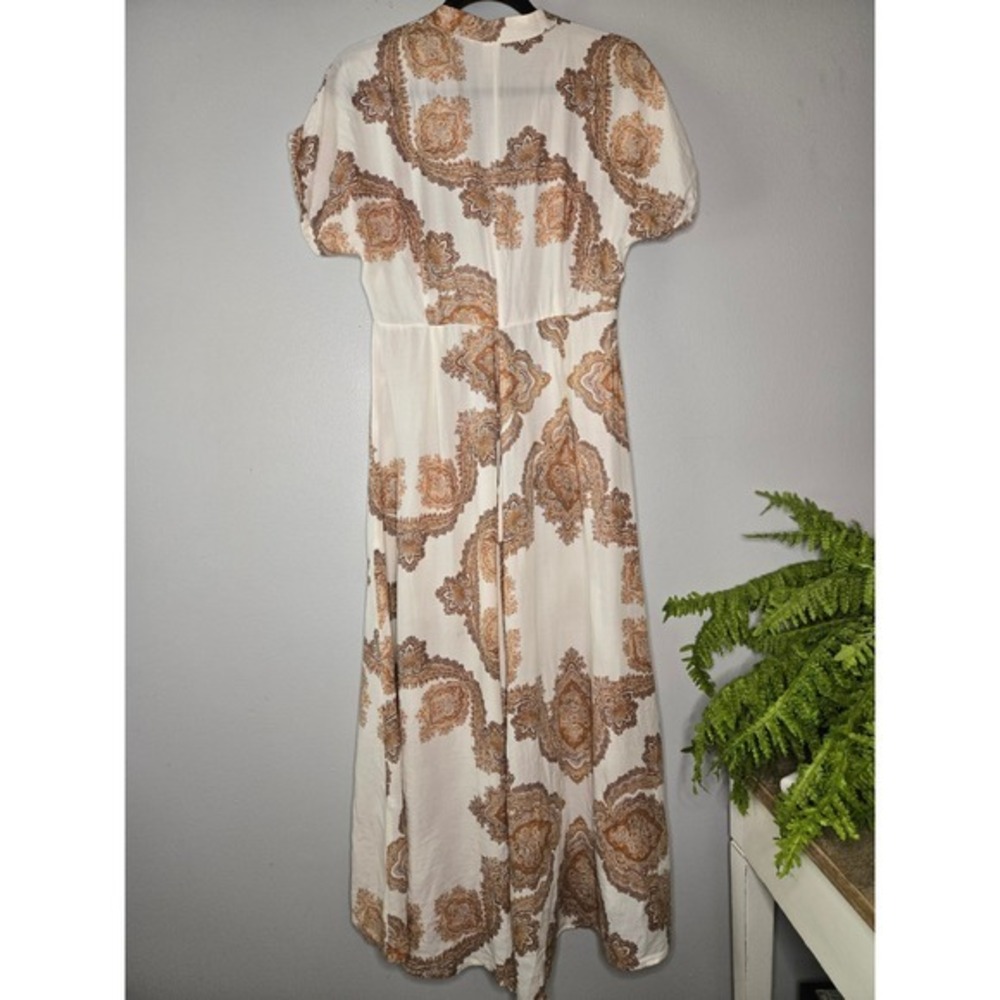 H&M Paisley Wrap Midi Dress Cream Brown Boho Cottagecore Size 2 - Picture 6 of 9